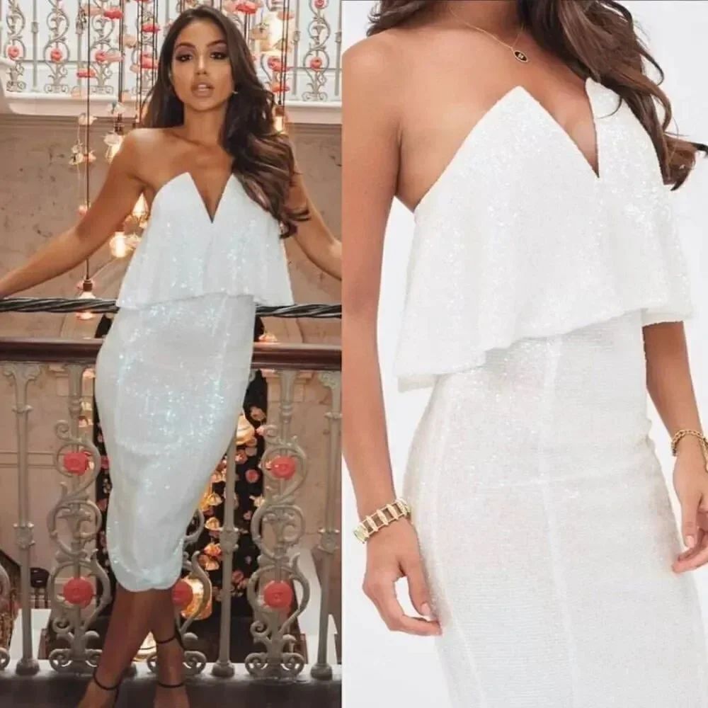 Lavish Alice Sequin V Front Layered Bandeau Midi Dress in White US 12 NWT